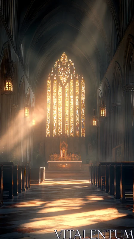 Sunlit cathedral aisle glows beneath radiant stained glass