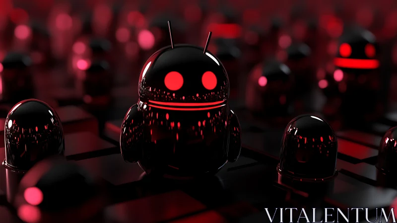 3D glossy android icon in red-lit cyber grid environment.