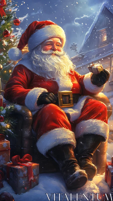 Cozy Santa resting by the tree on a snowy festive night.