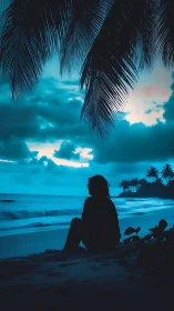 Silhouetted coastal observer under cyan-shifted palm canopy.