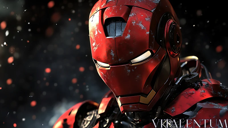 Battleworn red armored helmet shown in detailed close-up