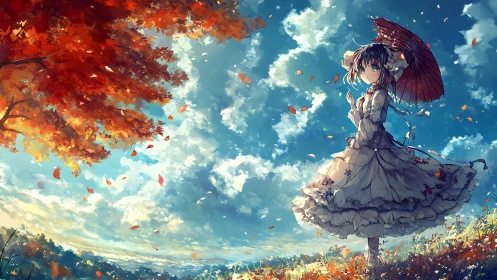 Autumn field anime scene contrasts vivid foliage and bright sky