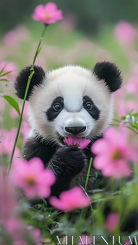 Baby panda licking pink flower in soft meadow bloom.