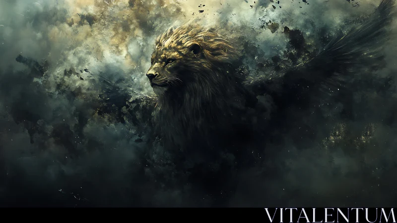 Majestic storm lion rising from swirling twilight clouds.