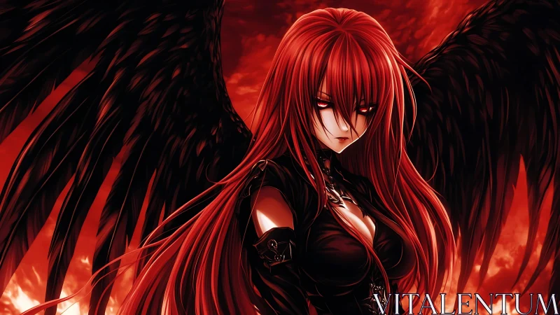 Scarlet-winged fallen angel broods in a burning crimson sky.