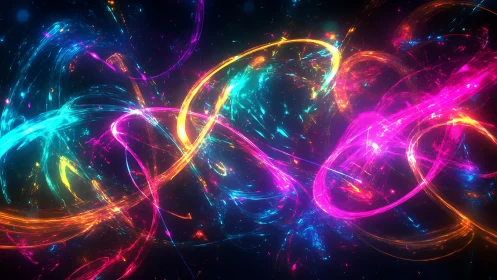 Glowing neon light trails swirling through a dreamy night sky.
