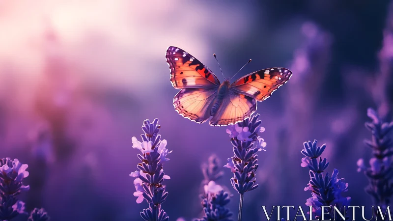 Orange butterfly resting over purple lavender flowers field