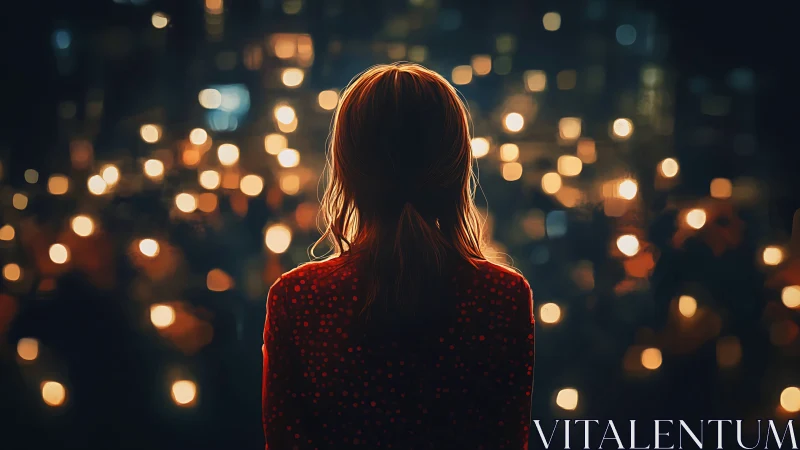 Girl in red dress meeting a sea of glowing city lights at night.