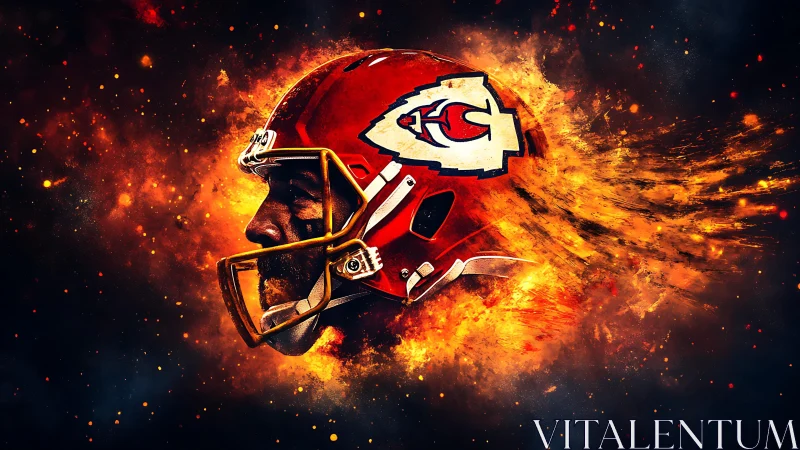 Digital profile of football helmet amid fiery particle field