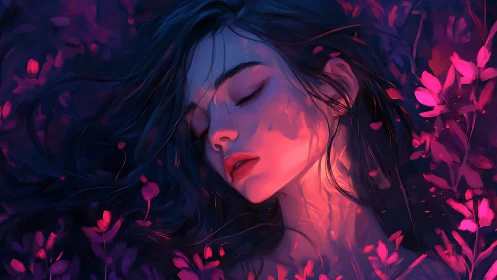Female portrait with closed eyes in vivid floral lighting.