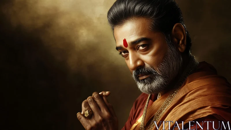 Elder in saffron robe gazes thoughtfully in warm light.