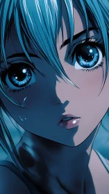 Rain‑soaked anime girl gazes ahead with luminous blue eyes.