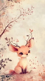 Whimsical antlered foxling in pastel woodland digital painting.