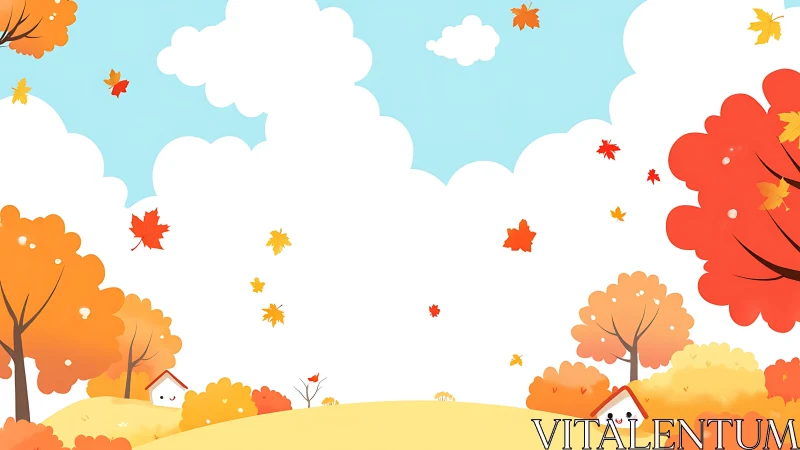 Minimalist autumn landscape illustration with stylized foliage and sky