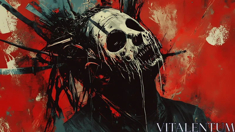 Skull-masked figure erupting in chaotic crimson splatter.