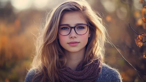 Soft autumn portrait of young woman in warm golden light.