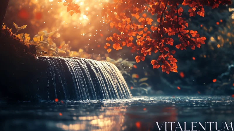 Golden autumn waterfall under soft evening sunlight.