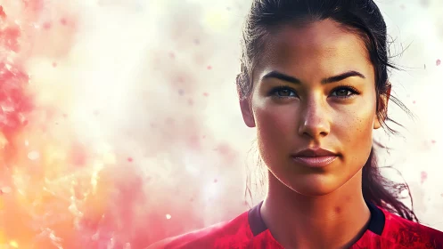 Portrait of focused female athlete amid abstract light haze