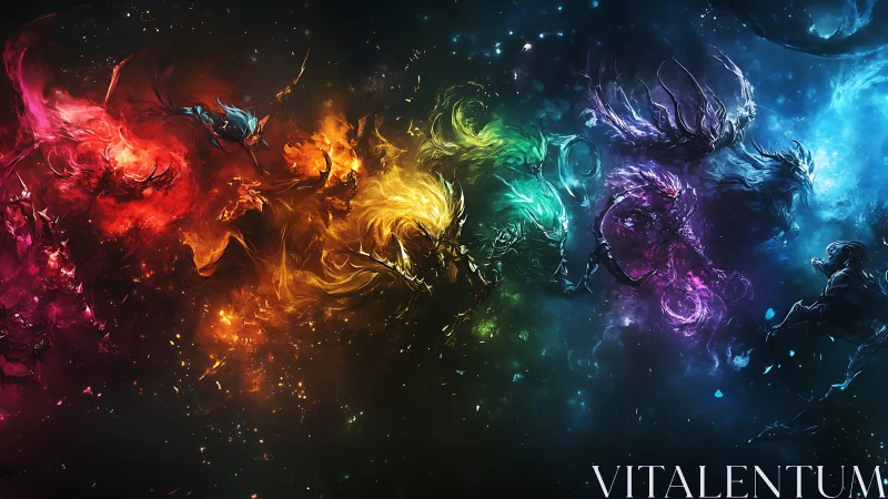 Prismatic elemental beasts in cosmic motion, digital painting.