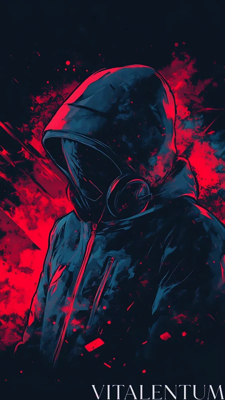 Hooded midnight figure in neon red and electric shadow.