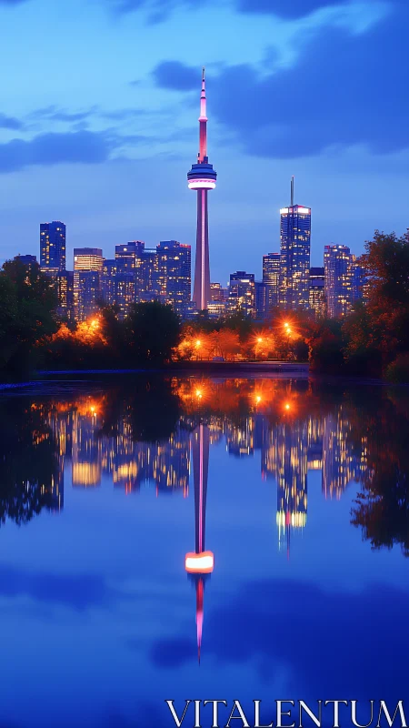 Toronto skyline glows over mirror-still waterfront at dusk.