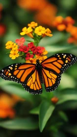 Monarch butterfly rests on small red and yellow flowers