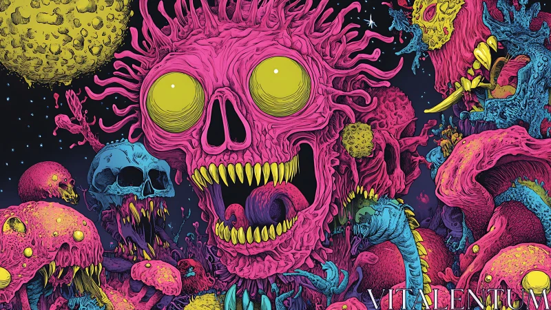 Neon alien skull landscape with grotesque organic forms.