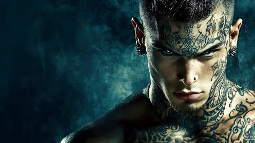 Symmetric frontal portrait of heavily tattooed male face.