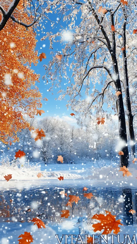 Photorealistic autumn-to-winter riverside transition scene.