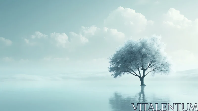 Serene Lone Tree in Misty Water, Dreamlike Minimalist Landscape.