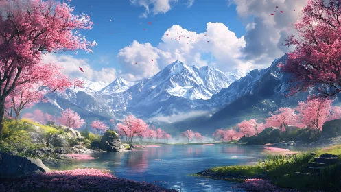 Serene cherry blossom valley embraced by snowy mountain peaks.