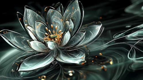 Glass-like lotus structure on dark reflective liquid surface.