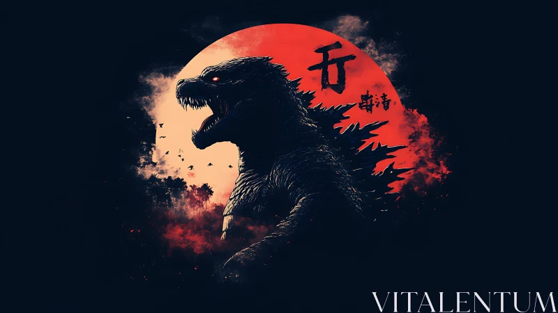Kaiju silhouette storms blood moon over burning forest.