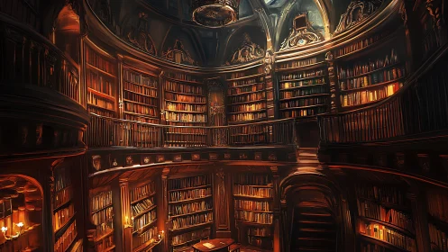 Grand circular library interior with warm golden shelves.