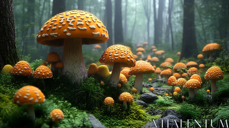 Orange amanita colony glows across a misted forest floor