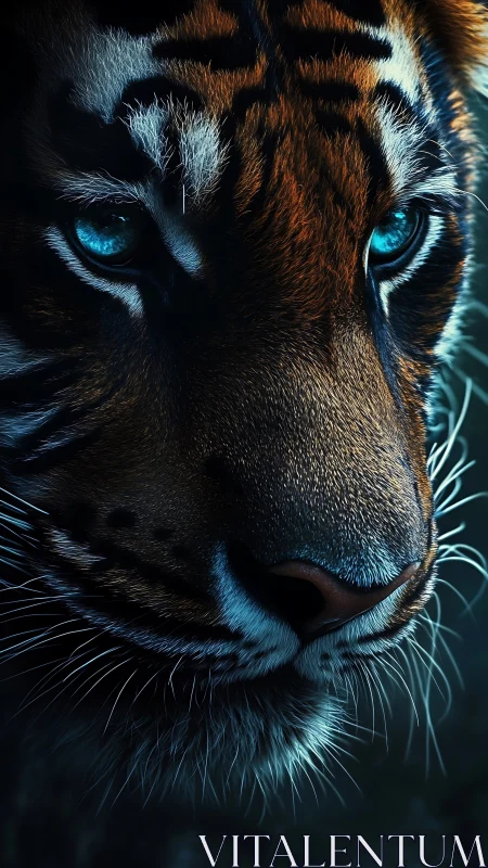 Glowing cyan-eyed tiger portrait in dramatic close focus.
