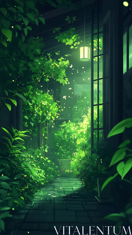 Verdant corridor renders soft volumetric light and foliage depth