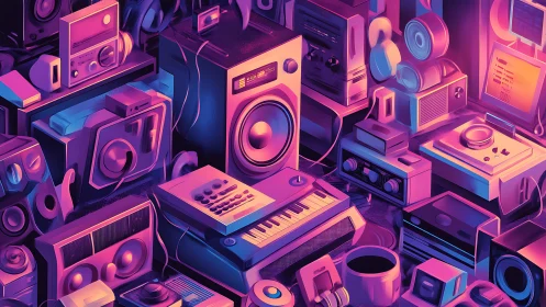 Retro audio studio hardware in neon purple gradient glow.