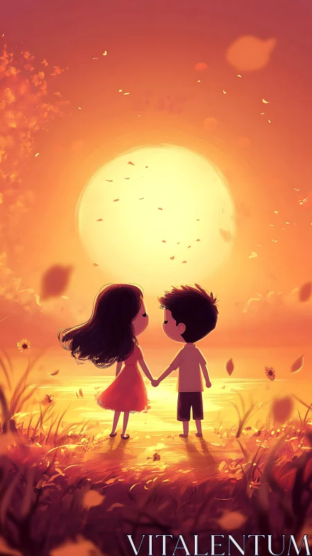 Two Children Silhouetted Against Massive Golden Sunset.