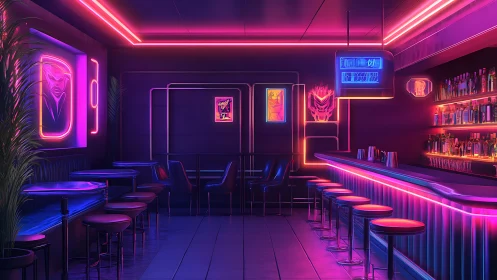 Neon-lit cyber bar interior uses saturated magenta-blue rim lighting