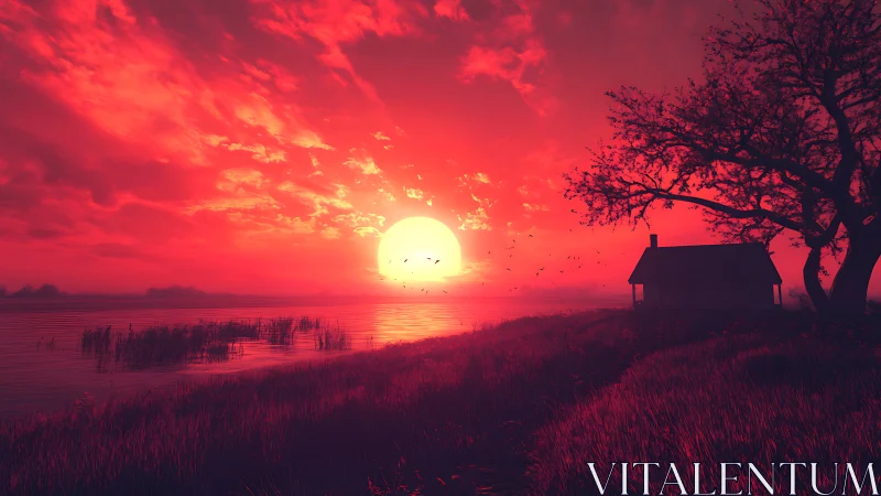 Crimson lakeside sunset ignites a lonely cottage horizon.