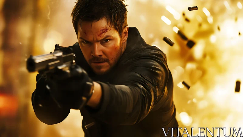 Intense gunman in dynamic action close-up against firestorm.