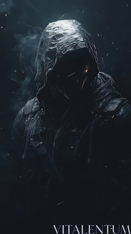 Cyberpunk hooded operative in cinematic low-key portrait lighting.
