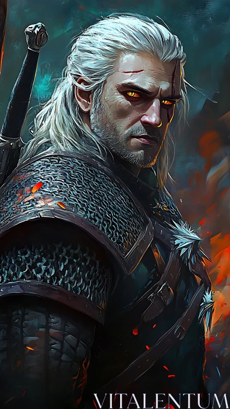 White haired armored swordsman in fiery fantasy setting.