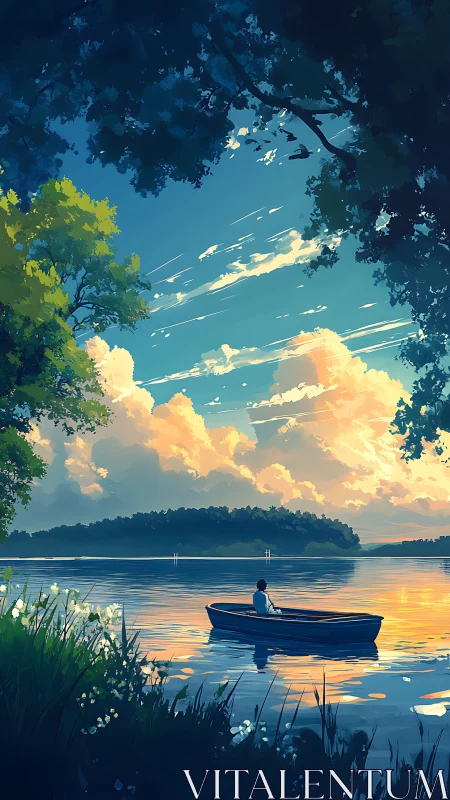 Solitary rowboat drifts on a tranquil lake at golden sunset