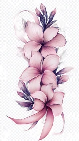 Soft pink floral cascade with ribbon and translucent leaves.