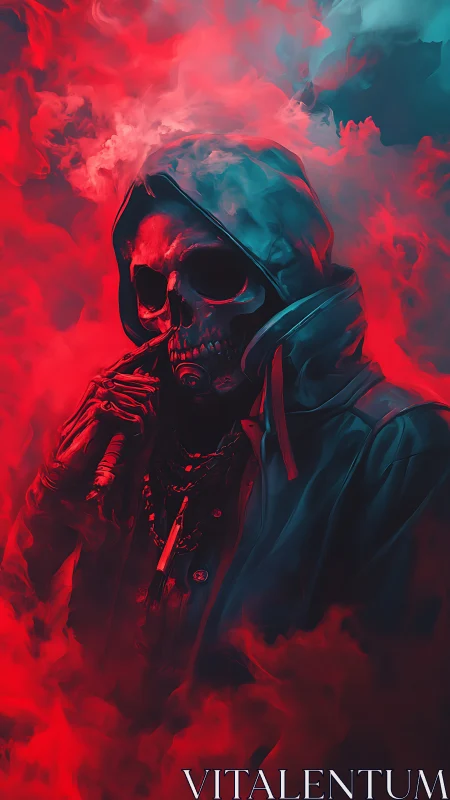 Hooded skeletal figure emerges through neon red cinematic smoke