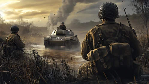 Soldiers advance with tank through flooded battlefield at dusk
