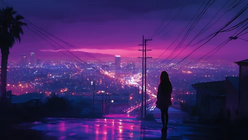 Silhouette overlooking neon cityscape at dusk from hilltop.