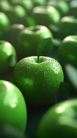 Fresh green apple glistening softly in morning light.